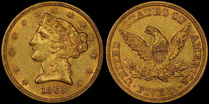 1863 Five Dollar Gold Coin. Image: Doug Winter.
