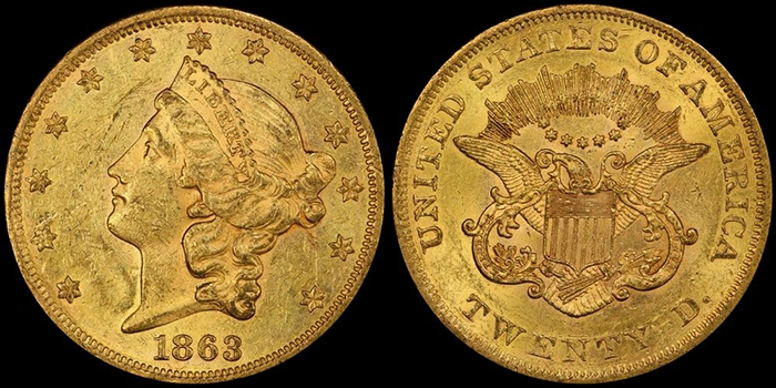 1863 Fairmont twenty dollar gold coin. Image: Doug Winter.
