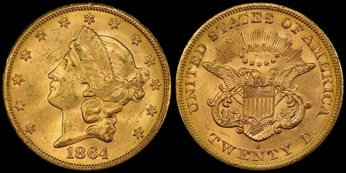1864-S Fairmont twenty dollar gold coin. Image: Doug Winter.