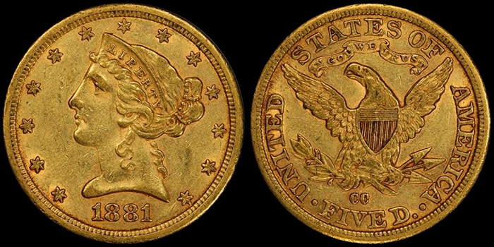1881-CC Five Dollar Gold Coin. Image: Doug Winter.
