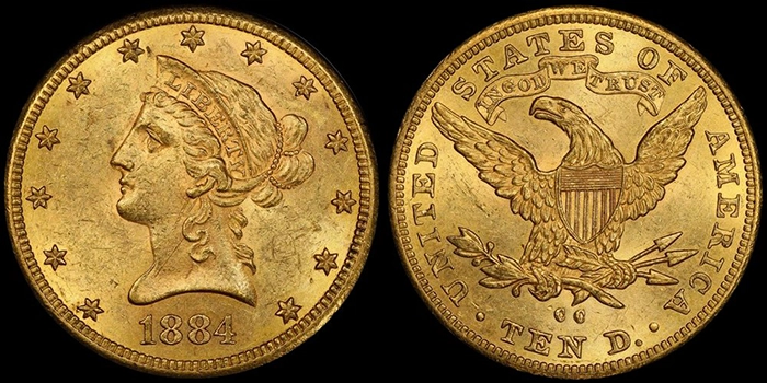 1884-CC Fairmont ten dollar gold coin. Image: Doug Winter.