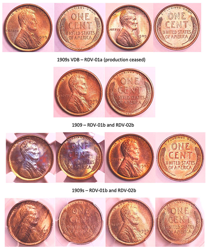 Side-by-side comparisons of Reverse Die Varieties of 1909 Lincoln Cent. Side by Side Comparison of two 1909 VDB Cents. Image: Blaine Neupert.