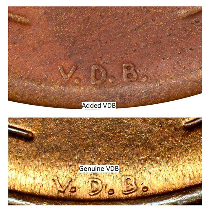 NGC-provided image of genuine 1909-S VDB reverse versus counterfeit example.