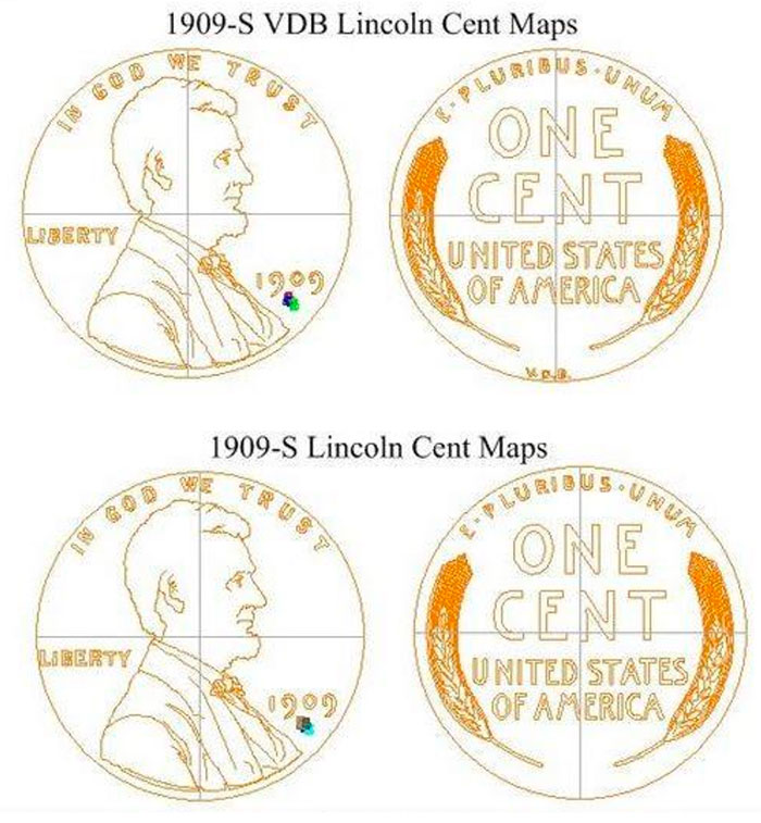 CAD images of 1909-S V.D.B. Lincoln Cent and 1909-S Lincoln Cent.