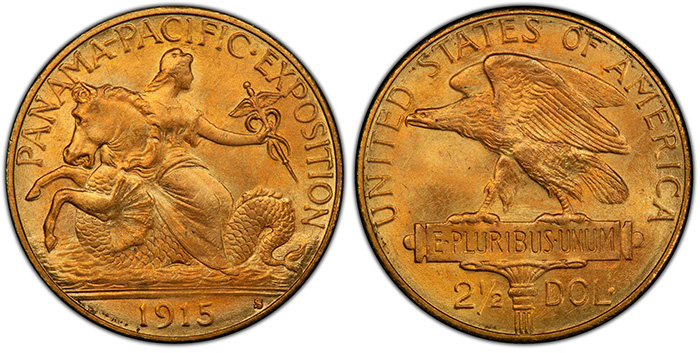 The 1915-S Panama-Pacific Exposition $2.50 coin commemorates the 1915 World’s Fair in San Francisco, where this coin was minted. 