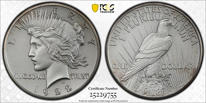The matte-finish 1921 Peace Dollar, an example of which is seen here, is a rarity. Courtesy of PCGS TrueView.