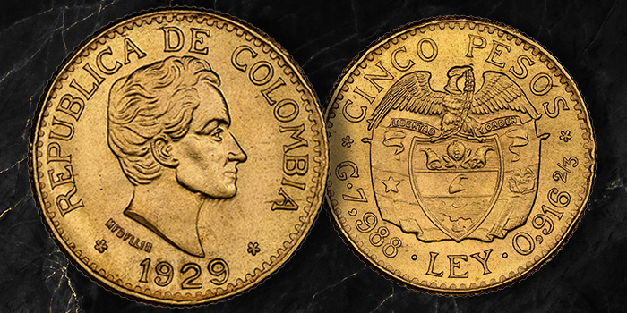 1929 Cinco Pesos. Heritage Offering Special Collection of World Coins, Part II. Image: NGC / CoinWeek.