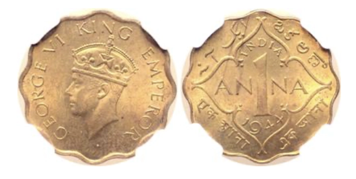 1944 1 Anna standard design. Roma Numismatics E-sale 75, lot 1448.