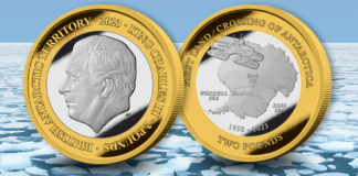 65th Anniversary of the First Crossing Across Antarctica £2 Coin, Image: Pobjoy Mint.