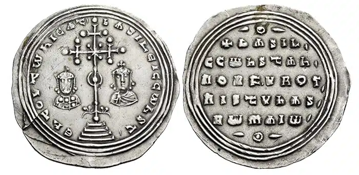Basil II Bulgaroktonos, with Constantine VIII, 976-1025. Miliaresion (Silver, 30mm, 2.88 g 12), Constantinople, 989-1025. Nomos AG > Auction 1417 May 2017 Lot: 485 realized: 420 CHF   Approx. $42