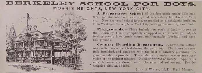 Figure 3. An advertisement for the Berkeley School for Boys, highlighting the more rustic aspects of what it offered, notably those in Morris Heights, in the Bronx.