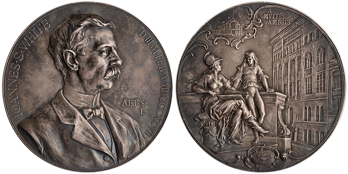 Figure 4. The John S. White medal, executed by Anton Scharff in 1897. The medal was given to White during a 50th birthday celebration. Note that the rendering of the Berkeley School is nearly identical to the image in the American Architect and Building News (see Fig. 2). (American Numismatic Society 2023.15.1 and 2023.15.2, purchase from Stefan Sonntag, Auktionen Münzhandlung Sonntag.) 