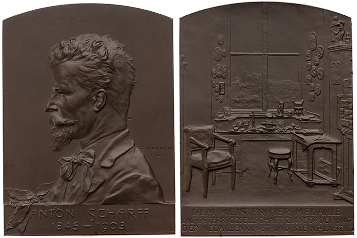 Figure 5. The Anton Scharff plaquette by Franz Xaver Pawlik. Scharff was so prolific and admired that many medals of him were created by other sculptors. (American Numismatic Society, 1985.81.56; gift of Daniel M. Friedenberg.) 