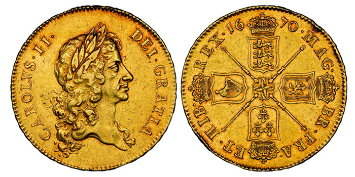 GREAT BRITAIN. England. Charles II. (King, 1660-1714). 1670 AV Five Guineas. NGC AU53.