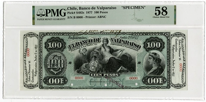 1877 100 Pesos Note. PMG Specimen 58.