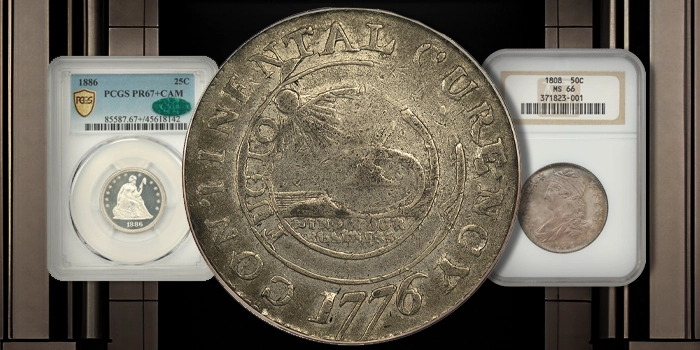 David Lawrence Rare Coins Auction featuring a choice 1776 Continental Dollar.