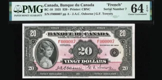 Serial Number 7 Canada Bank of Canada $20 1935 BC-10 French Text PMG Choice Uncirculated 64 EPQ. First Canadian Note to Feature Elizabeth II Boosts Heritage World Paper Money Sale Over $2.1 Million.