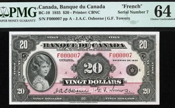 Serial Number 7 Canada Bank of Canada $20 1935 BC-10 French Text PMG Choice Uncirculated 64 EPQ. First Canadian Note to Feature Elizabeth II Boosts Heritage World Paper Money Sale Over $2.1 Million.