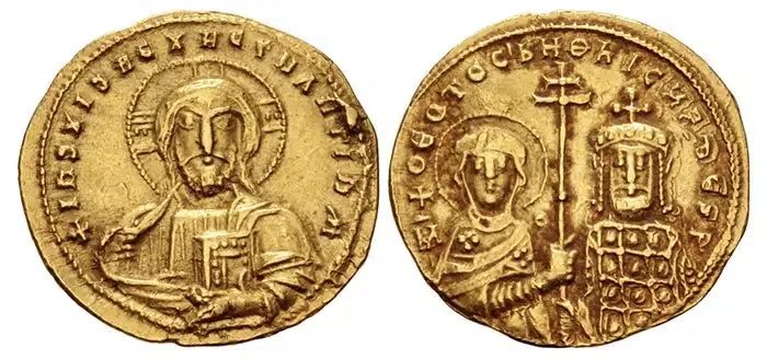 Nicephorus II Phocas. 963-969. AV Histamenon Nomisma (21mm, 4.34 g, 6h). Constantinople mint. Facing bust of Christ Pantokrator / Facing busts of the Theotokos and Nicephorus, wearing crown and loros, holding patriarchal cross between. DOC 4; Füeg 3.C.4; SB 1778. Reverse double struck, die break on obverse, light deposits. Near EF. Classical Numismatic Group > Electronic Auction 53125 January 2023 Lot: 1231 realized: $750.