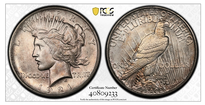 This is a satin-finish 1921 Peace Dollar. Courtesy of PCGS TrueView. 