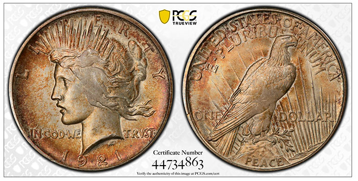 This is a 1921 Peace Dollar carrying a weak strike. Courtesy of PCGS TrueView.
