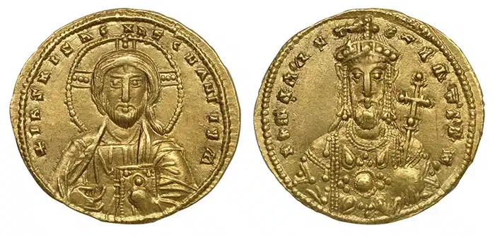 Romanos II. 959-963, Gold solidus of Constantinople, 4.38g, 21mm+IHS REX REGNANTIUM. Bust of Christ, facing ROMAN' AVTOCRAT' ROM'.Crowned bust of emeperor facing, holding cross sceptre and globe. Dumbarton Oaks Collection: BZC.1948.17.3117 SB. 1774, DOC 2