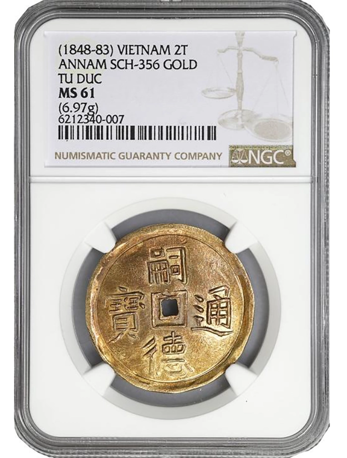 ANNAM. Gold 2 Tien, ND (1848-83). Tu Duc. NGC MS-61. Image: Stack's Bowers.