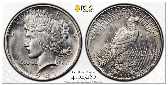 This example of the 1921 Peace Dollar exhibits a superb strike. Courtesy of PCGS TrueView. 