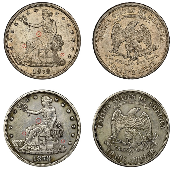 A counterfeit 1878-S Trade Dollar (top) and a counterfeit 1878-CC Trade Dollar (bottom). Image: NGC.