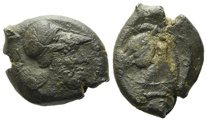 Figure 8. A Cosa issue, imitating RRC 17/1. Etruria, Cosa, ca. 273-250 BCE. Helmeted head of Mars r. / Head of horse l. on small dolphin l. EC Series 2, 1–3; HN Italy 210. Bronze, 19 mm, 5.50 g. Bertolami Fine Arts – ACR Auctions > E-Auction 251, 25 February 2023, lot 5.
