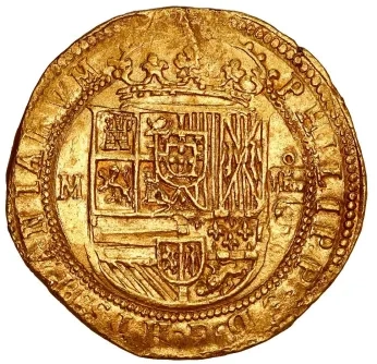Lot 27 – the gold experimental 4 escudos dated 1591.