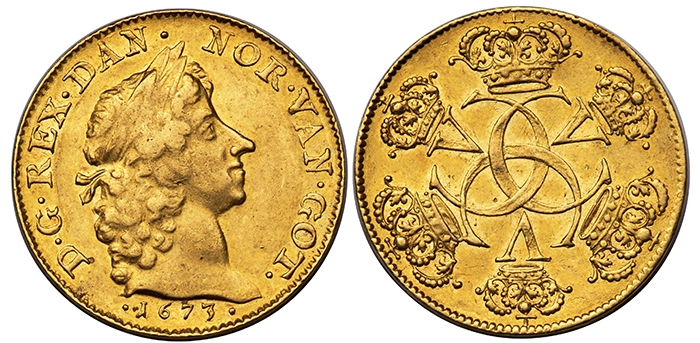 Norway: Christian V gold 2 Ducats 1673 AU55 NGC. Image: Heritage Auctions.