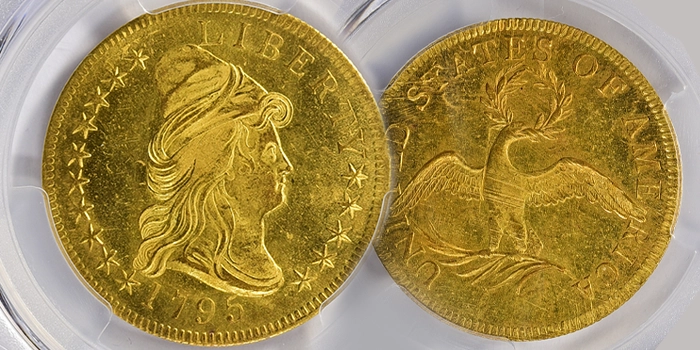 Finest Known 9 Leaves 1795 Gold Eagle Offered by GreatCollections Ex: Pogue / Simpson Collection.