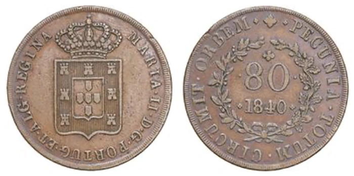 Mozambique - D. Maria II (1834-1853)80 Réis 1840; copper. Numisma Auction 121, Lot 651 - 11.12.2019.