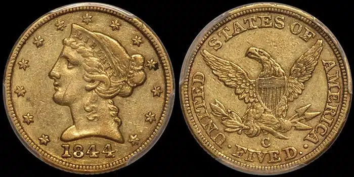 1844-C Half Eagle $5 Gold Coin graded EF45 CAC (from the Fairmont Collection). Image: Doug Winter.