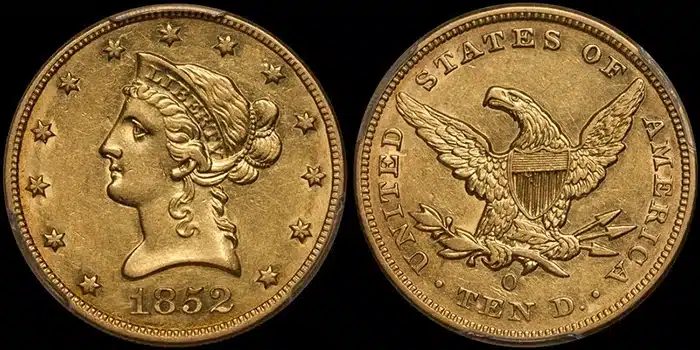 1852-O Eagle $10 Gold Coin graded AU55 CAC (from the Fairmont Collection). Image: Doug Winter.