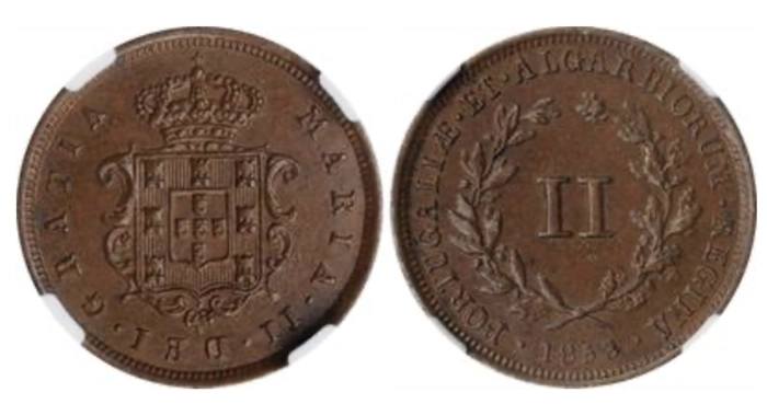 MOZAMBIQUE. 2 Reis, 1853. Maria II. NGC MS-63 Brown.
