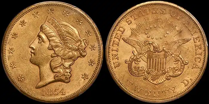 1854-S Double Eagle $20 Gold Coin graded PCGS AU58 CAC (from the Fairmont Collection). Image: Doug Winter.