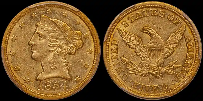 1854-O Half Eagle $5 Gold Coin graded AU58 CAC (from the Fairmont Collection). Image: Doug Winter.