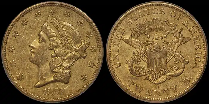 1857-O Double Eagle $20 Gold Coin graded PCGS AU53 CAC (from the Fairmont Collection). Image: Doug Winter.
