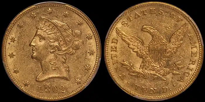 1862 Eagle $10 Gold Coin graded PCGS AU58 CAC (from the Fairmont Collection). Image: Doug Winter.
