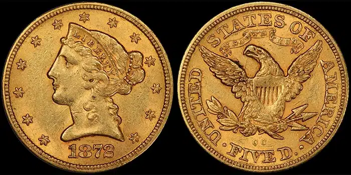 1872-CC Half Eagle $5 Gold Coin graded AU58 CAC (from the Fairmont Collection). Image: Doug Winter.