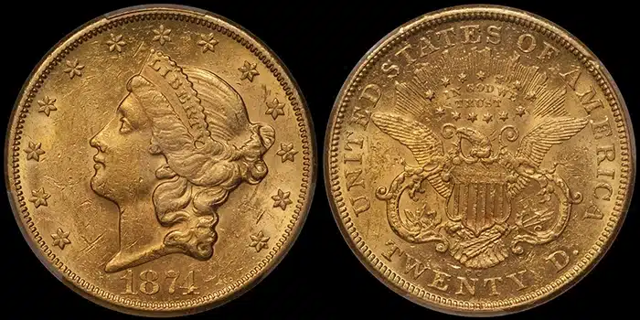 1874-CC Double Eagle $20 Gold Coin graded PCGS AU58 (from the Fairmont Collection). Image: Doug Winter.