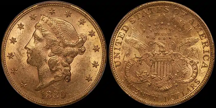 1880 Double Eagle $20 Gold Coin graded PCGS MS61 CAC (from the Fairmont Collection). Image: Doug Winter.