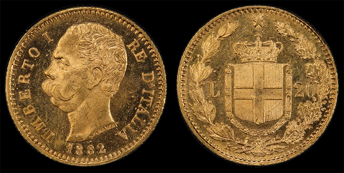 Italy 1882-R 20 Lire, PCGS MS65. Courtesy of PCGS.