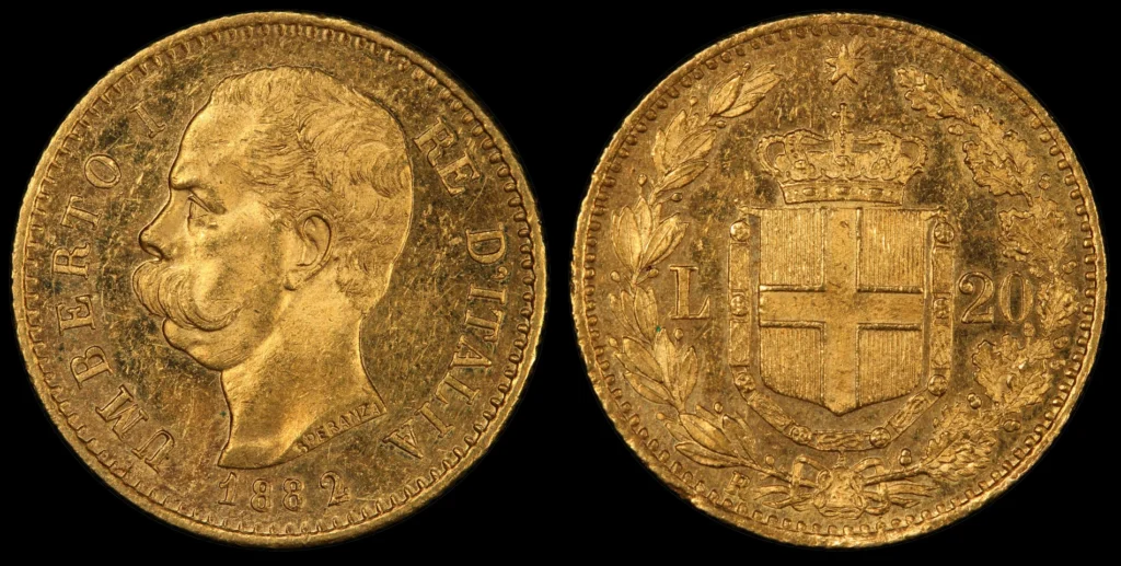 Italy 1882/1 20 Lire, PCGS MS61. Courtesy of PCGS.