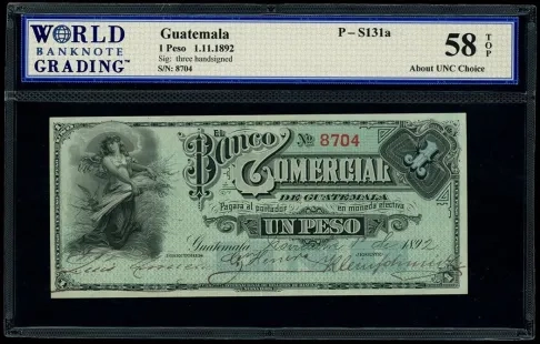 Lot 1309 – a gorgeous Guatemala Banco Comercial 1 peso note from 1892