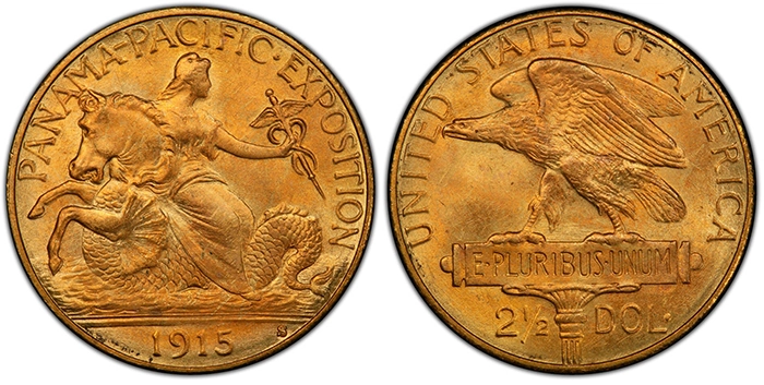 The 1915-S Panama-Pacific Commemorative Quarter Eagle Gold Coin. Courtesy of PCGS TrueView. 