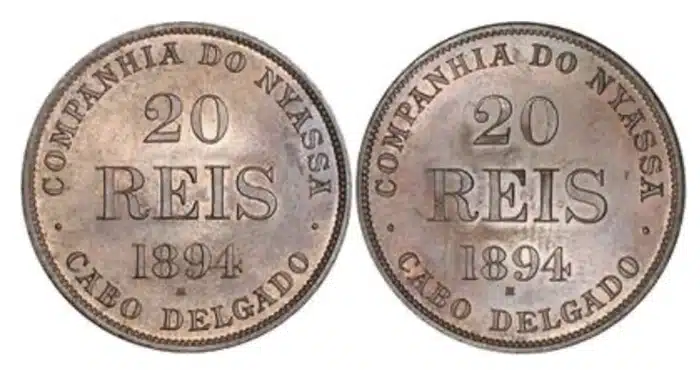 Mozambique 1894 20 Reis. This example was sold by Noble Numismatics Pty LtdAuction 126, Lot 1201 - 23.03.2021.
