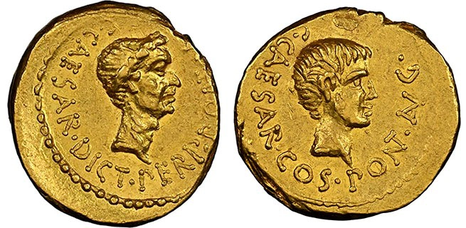 Roman Imperatorial, Octavian and Divus J. Caesar (c. 43) Gold Aureus graded NGC Ancients Ch AU★, 4/5 Strike and 4/5 Surface and pedigreed to the White Rose Collection. Image: NGC.